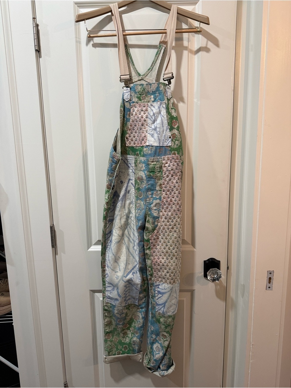 Anthropologie Patchwork Overalls in Green, Blue, Cream